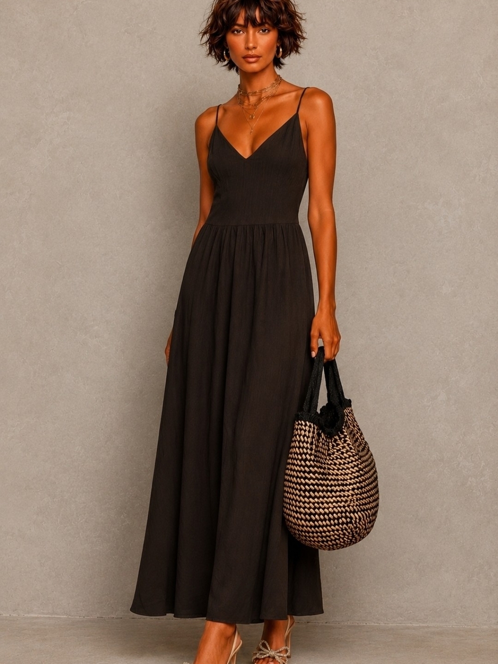 H&M Brown Spaghetti Strap Pleated V-Neck Maxi Dress Size XS NEW